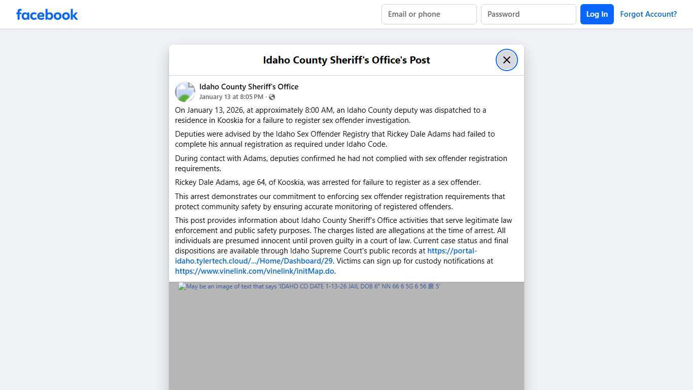 On January 13, 2026, at... - Idaho County Sheriff's Office Facebook
