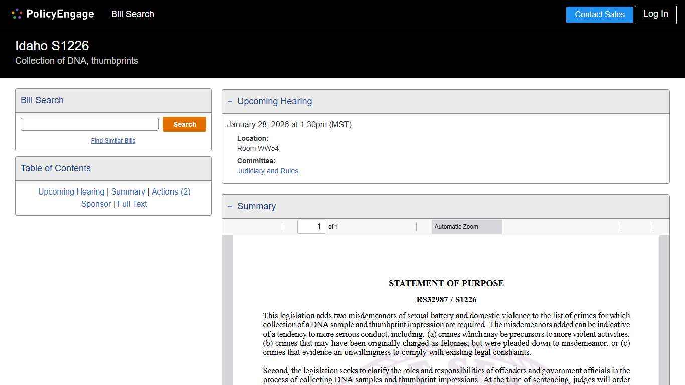 S1226 Idaho 2026 Collection of DNA, thumbprints - Legislative Tracking PolicyEngage