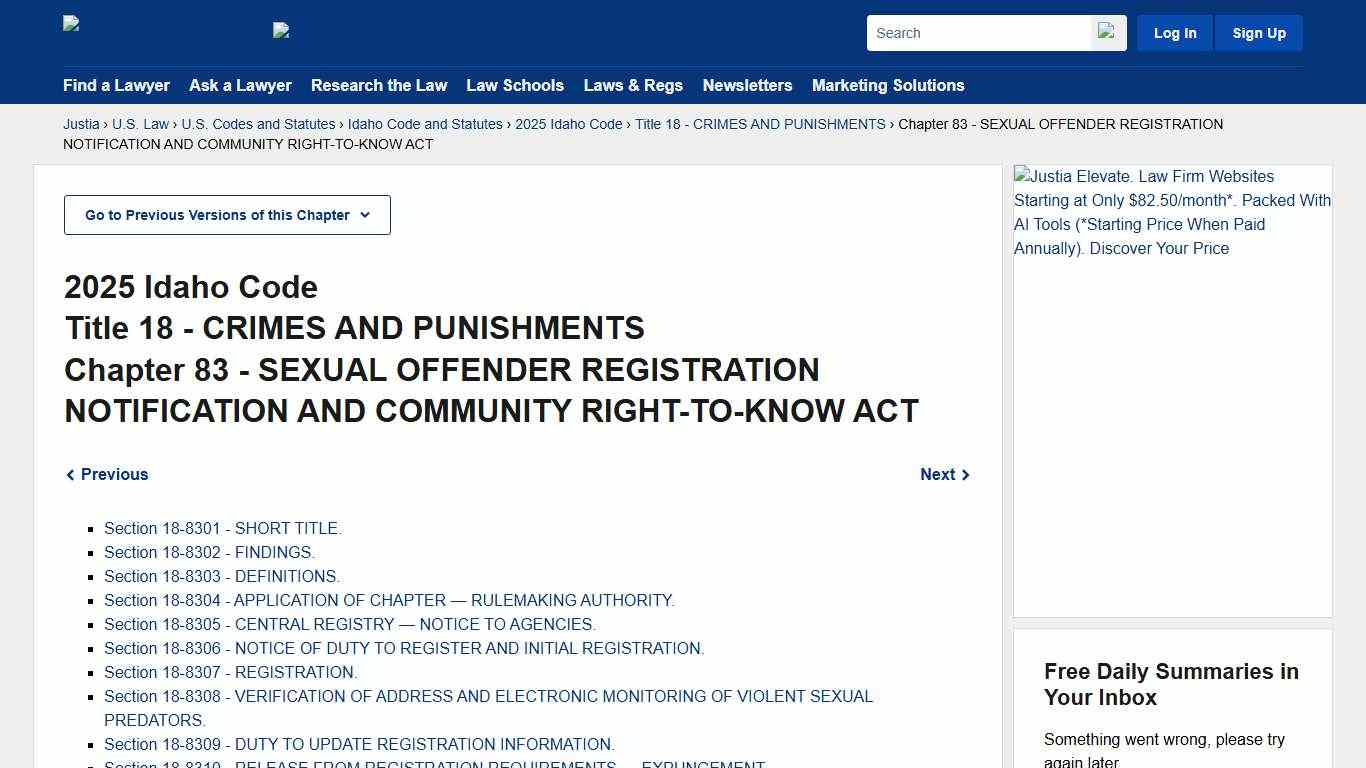 Idaho Code Title 18, Chapter 83 (2025) - SEXUAL OFFENDER REGISTRATION NOTIFICATION AND COMMUNITY RIGHT-TO-KNOW ACT :: 2025 Idaho Code and Statutes :: U.S. Codes and Statutes :: U.S. Law :: Justia