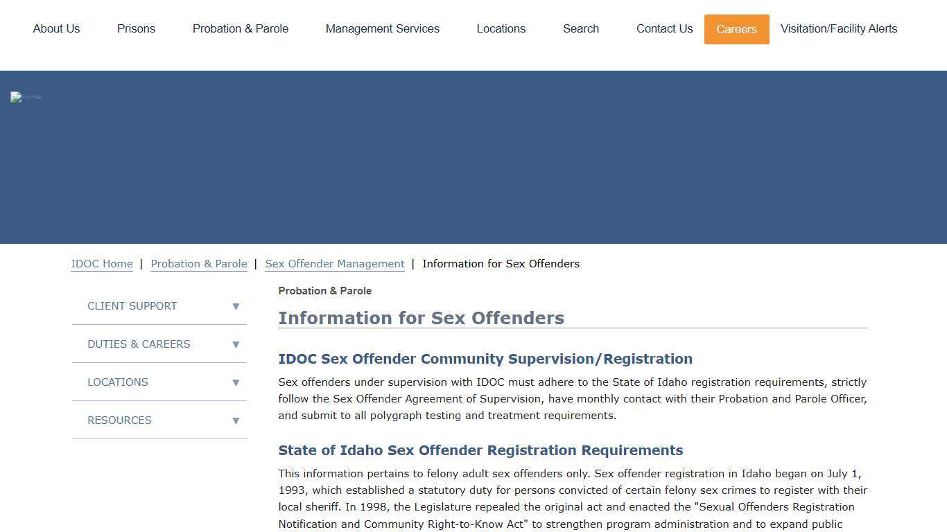Information for Sex Offenders Idaho Department of Correction