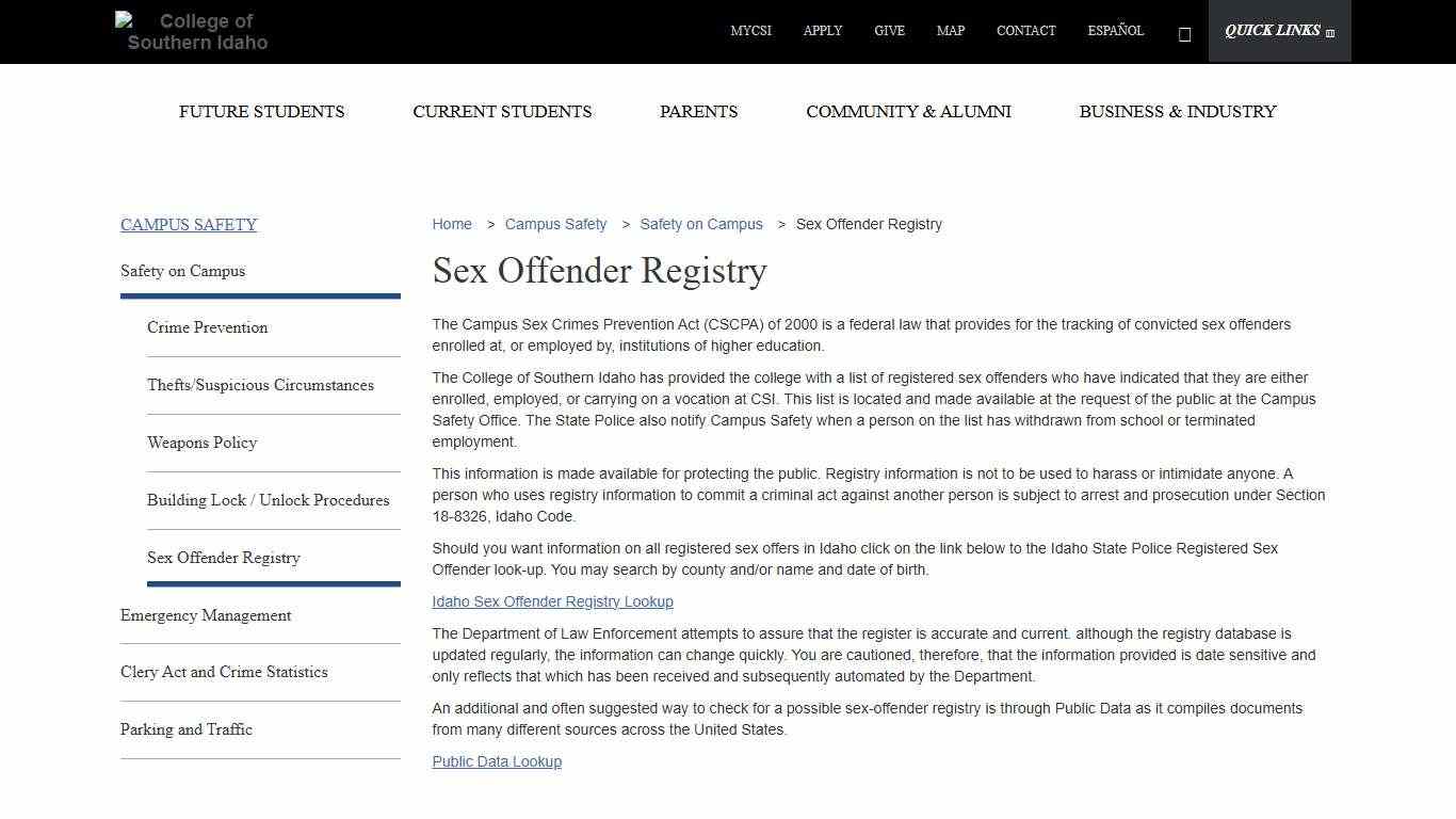 Sex Offender Registry College of Southern Idaho